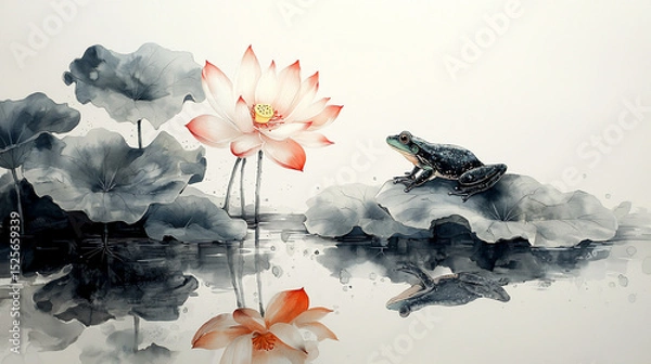 Fototapeta Lotus Flower and Frog in Traditional Ink Wash Painting (Generative AI)