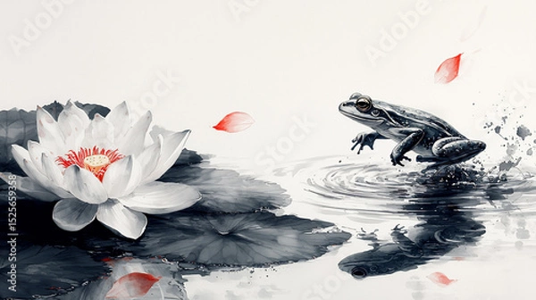 Fototapeta Lotus Flower and Frog in Traditional Ink Wash Painting (Generative AI)