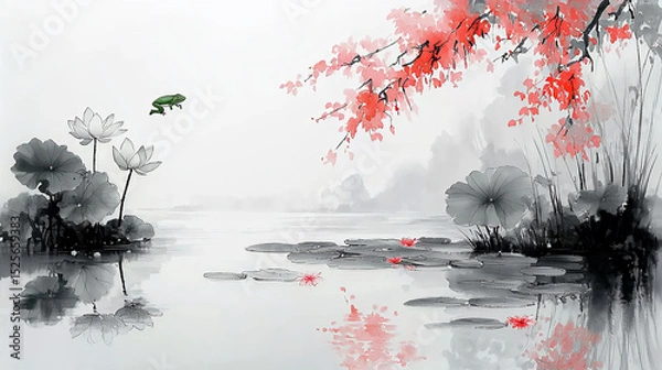 Fototapeta Lotus Flower and Frog in Traditional Ink Wash Painting (Generative AI)