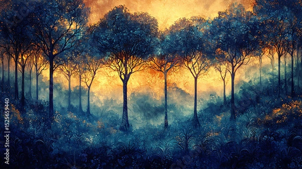 Fototapeta Mystical Forest with Glowing Trees and Misty Atmosphere (Generative AI)