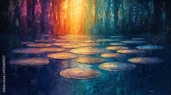 Fototapeta "Vibrant Sunset Forest Reflected in Lake, Stained Glass Painting Style (Generative AI)