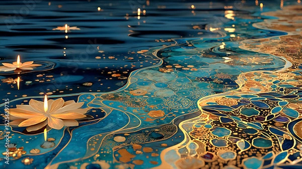 Fototapeta Fantasy Ocean Waves with Golden Accents and Moonlit Sea (Generative AI)