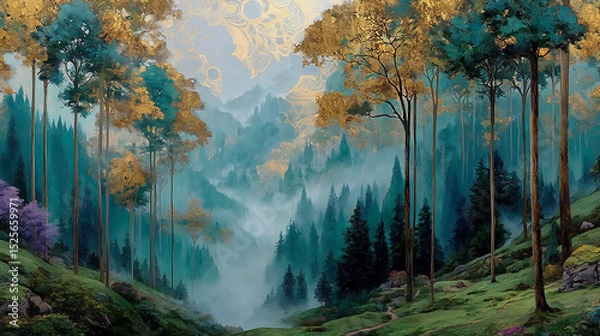 Obraz Fantasy Forest with Colorful Trees and Whimsical Sky (Generative AI)