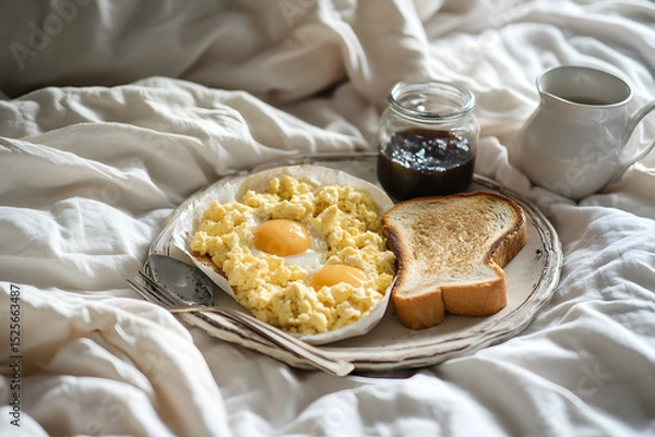 Fototapeta Tray with scrambled eggs, toast, tea, orange juice snd jam jars, on rumpled bed sheets ideal for soft lifestyle imagery.
