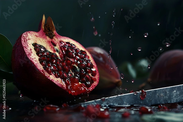 Fototapeta pomegranate with knife on a black