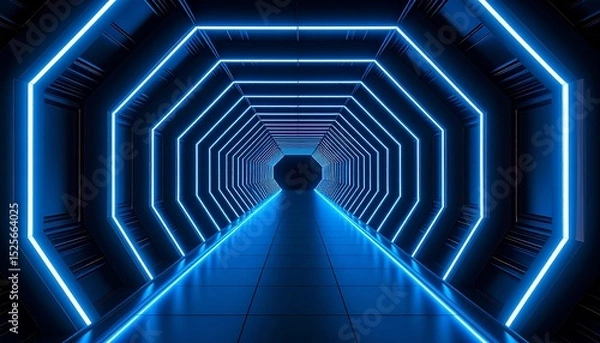 Fototapeta Illuminated futuristic tunnel with bright blue neon lights, creating a modern and captivating visual experience. The image conveys a sense of technological advancement and forward motion.