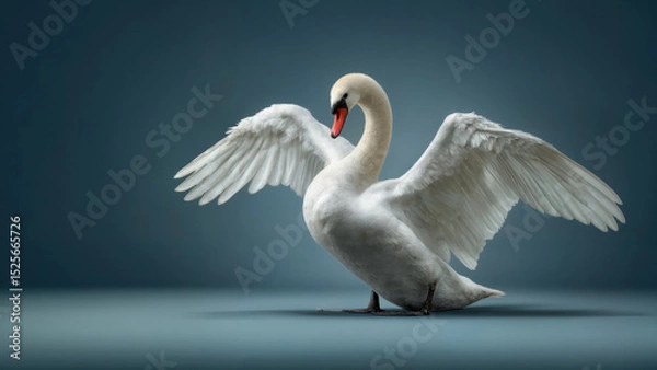 Obraz A graceful white swan elegantly displays its wings against a muted blue backdrop. The image captures the bird's serene beauty and refined posture.