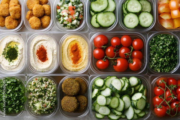 Fototapeta Flatlay of  glass containers filled with different healthy meals on a white surface with labels and space between.