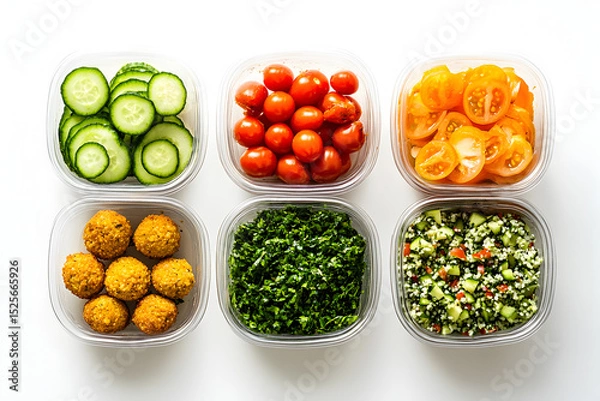 Fototapeta Flatlay of  glass containers filled with different healthy meals on a white surface with labels and space between.