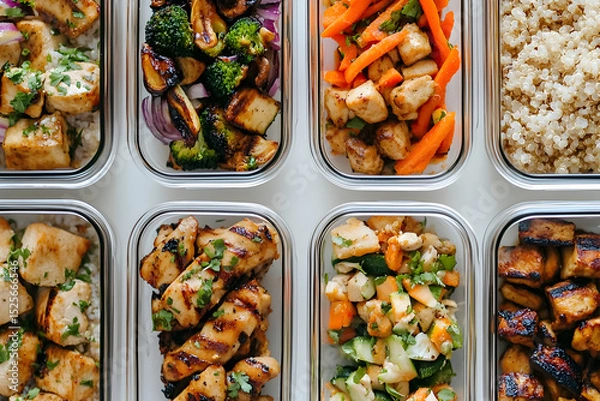 Fototapeta Flatlay of  glass containers filled with different healthy meals on a white surface with labels and space between.