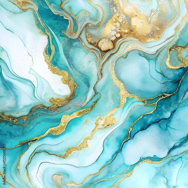 Fototapeta Aqua Blue and Teal Watercolor Marble with Gold Streaks