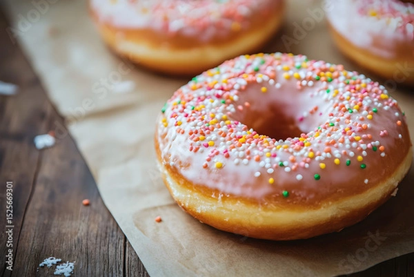 Fototapeta Donut with light icing on plain kraft paper over neutral surface ideal for fun, minimalist branding. Dessert and food marketing