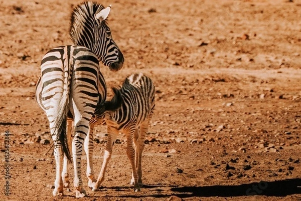 Obraz Zebras in a sunlit savanna landscape.