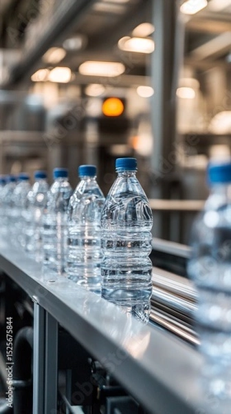 Fototapeta Factory production line showcasing clear water bottles with blue caps, emphasizing quality and efficiency in beverage manufacturing and packaging processes.