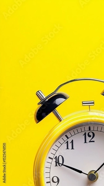 Fototapeta Vibrant yellow background showcases a classic analog alarm clock with black details, symbolizing time management, punctuality, and morning routine urgency