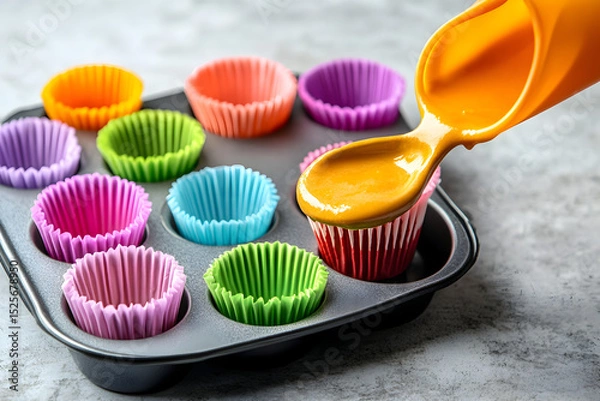 Fototapeta colorful cupcake cups on a tray