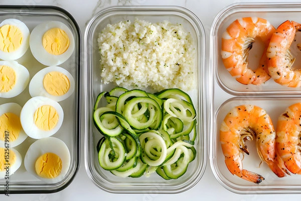 Fototapeta Top-down shot of cauliflower rice, grilled shrimp, zucchini noodles, and boiled eggs in meal prep containers on a pastel background.