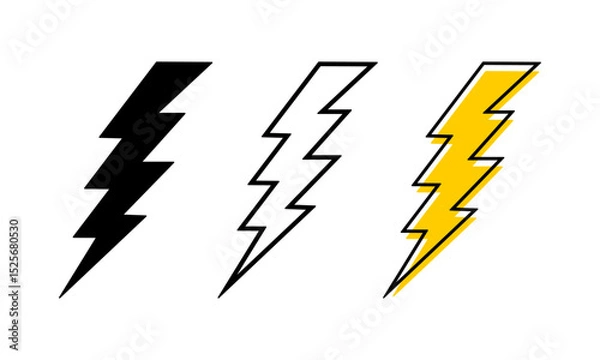 Fototapeta Set of bolt icons and silhouettes. Thunderbolt signs isolated on white background. Flashlight, energy, electricity or power symbols. Danger or warning pictograms. Vector graphic illustration.