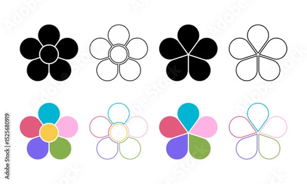 Fototapeta Set of flower silhouettes with 5 petals and core. Floral pie chart divided on five equal parts in leaf shapes isolated on white background. Vector graphic illustration.
