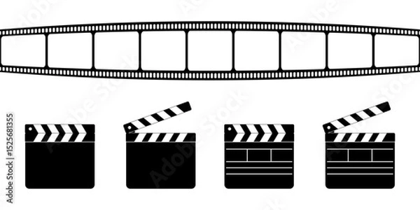 Fototapeta Clapper boards and film strip isolated on white background. Closed and open movie clapboard silhouettes. Cinema or television program production objects. Vector graphic illustration.