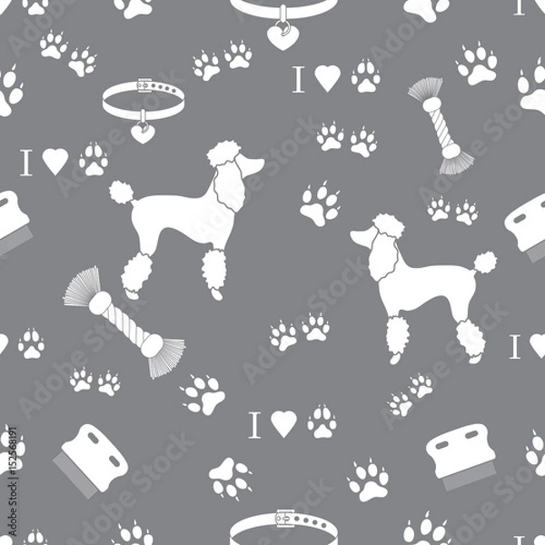 Obraz Seamless pattern with poodle silhouette, comb, collar, dog tracks, hearts and toy for dogs from a rope.