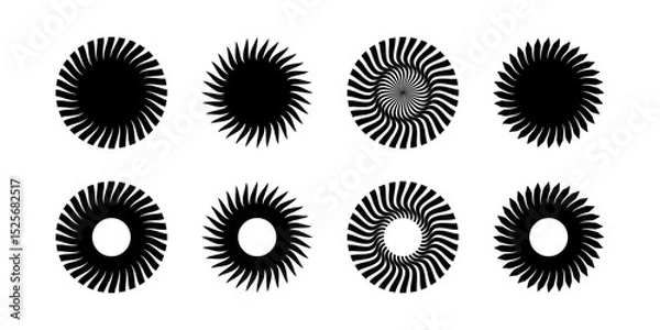 Fototapeta Gear disk silhouettes. Sun symbols. Round swirl icons. Fan, propeller, spinner or pinwheel toy, ventilator signs isolated on white background. Vector graphic illustration.