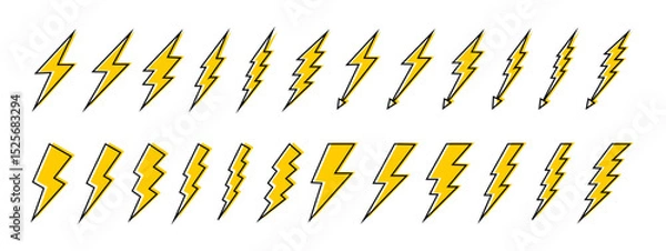 Fototapeta Set of lightning bolt icons. Collection of thunderstorm signs isolated on white background. Energy, power, flash light, dander or battery charge symbols. Vector graphic illustration.