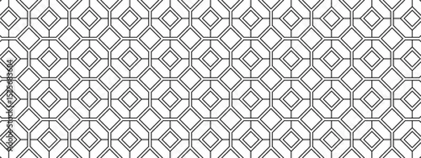 Fototapeta Tile floor or wall background with hexagon and square shapes. Ceramic mosaic texture. Cafe or restaurant interior ornament. Black and white geometric print. Vector graphic illustration.