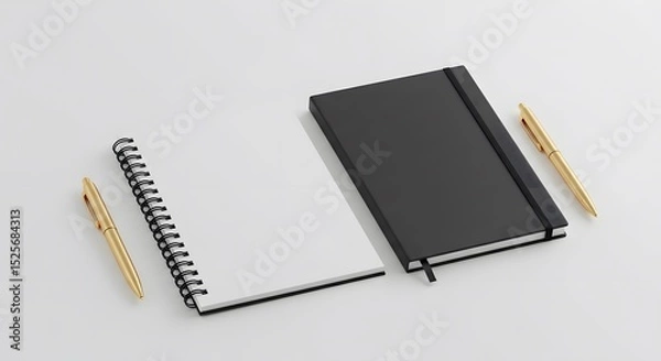 Fototapeta Black Notebook Mockup with Golden Pens on White Background - Flat Lay Composition for Business Branding & Design