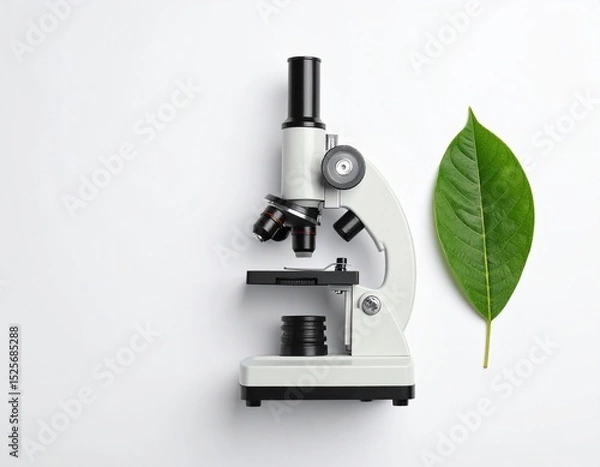 Fototapeta Microscope and leaf on a white background. Demonstrates research and exploration.