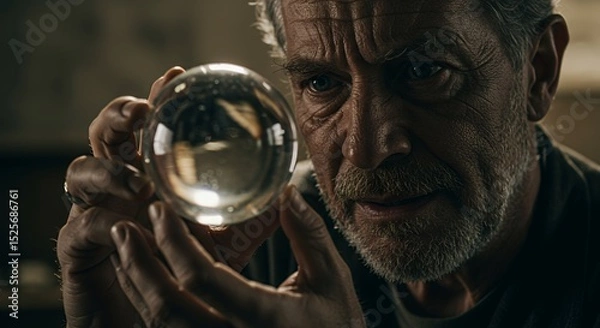 Obraz A  mysterious old man gazing intently into a crystal ball, a scene of intrigue and suspense. His weathered face speaks volumes about years of experience and wisdom.