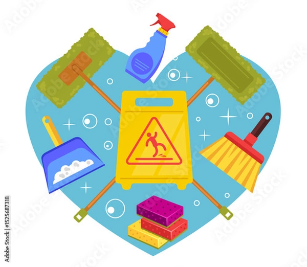 Obraz Cleaning tools banner concept with heart shape background. I love cleaning concept. Vector flat graphic design illustration