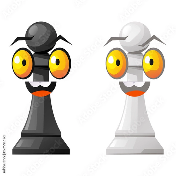 Obraz 
Chess pieces queen and pawn cartoon characters with eyes and mouth design element. Vector flat graphic design illustration
