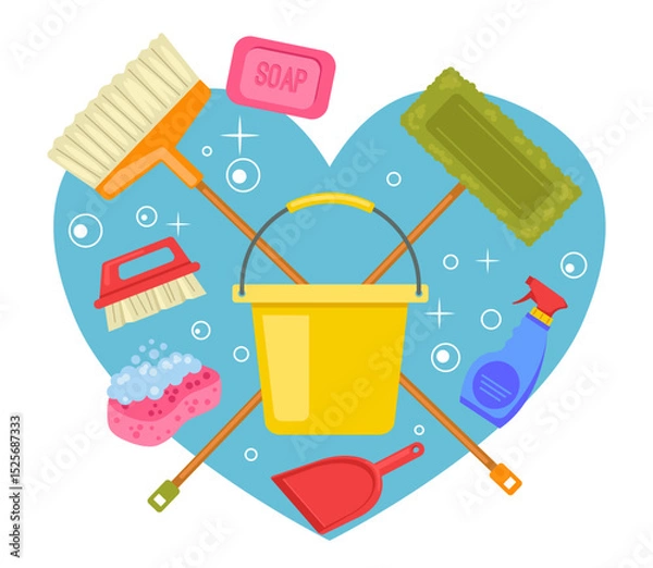 Obraz Cleaning tools banner concept with heart shape background. I love cleaning concept. Vector flat graphic design illustration