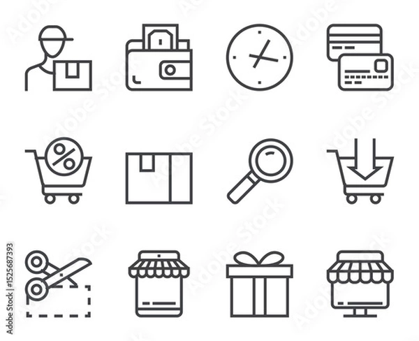 Obraz Shopping line art outline flat style icons isolated set. Vector flat graphic design illustration