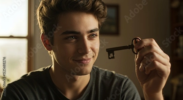 Obraz Young Man Holding a Key: A Portrait of Potential and Opportunity