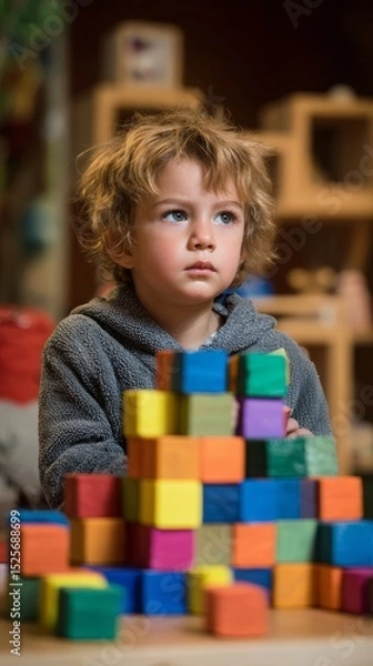Fototapeta Child with a confused expression, looking inquisitively toward the horizon, next to a partially built pyramid structure made of cubes on a table.
