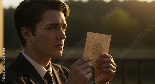 Obraz Mysterious Message: A Young Man Reads an Antique Letter at Sunset