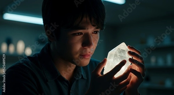 Obraz Young Man Contemplating Illuminated Crystal
