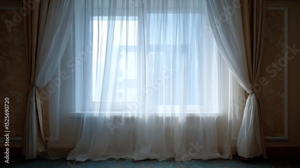 Obraz A temporary white curtain hangs in front of a window, gently swaying in the breeze, the soft fabric partially obscures the view outside, adding a touch of privacy to the room