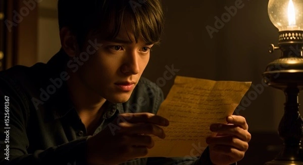 Obraz Young Man Reading a Mysterious Letter by Lamplight