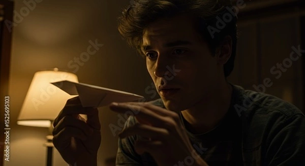 Obraz Young Man Contemplating a Paper Airplane