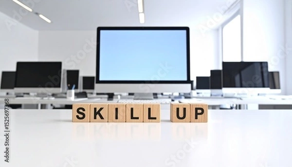 Fototapeta デスクトップパソコンとスキルアップを意味する英語のフレーズSKILL UPの文字が書かれたキューブブロック。 aiで生成	