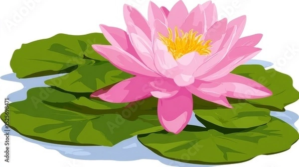 Fototapeta This beautiful stylized illustration portrays a vibrant pink water lily floating gracefully upon green lily pads in calm water.