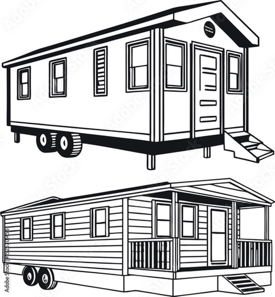 Obraz A cozy mobile home featuring a chimney, several windows, and a small staircase leading up to its inviting front door.