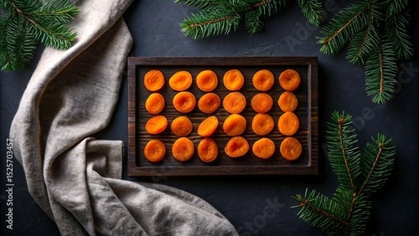 Obraz Dried apricots in wooden tray with fir branches and beige cloth on dark background
