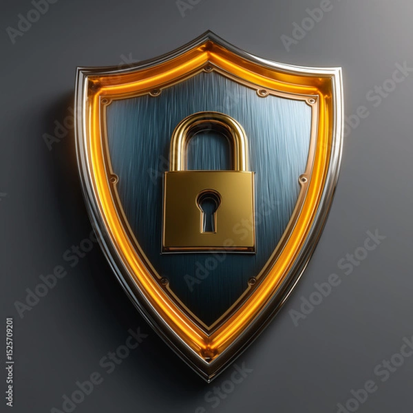 Fototapeta Metallic security shield with glowing orange lock symbol on dark surface
