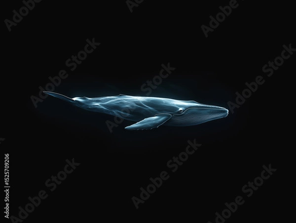 Fototapeta Blue whale gliding in deep black ocean with ethereal lighting effect
