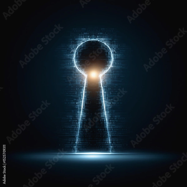 Fototapeta Digital glowing keyhole surrounded by blue binary code in dark cyberspace
