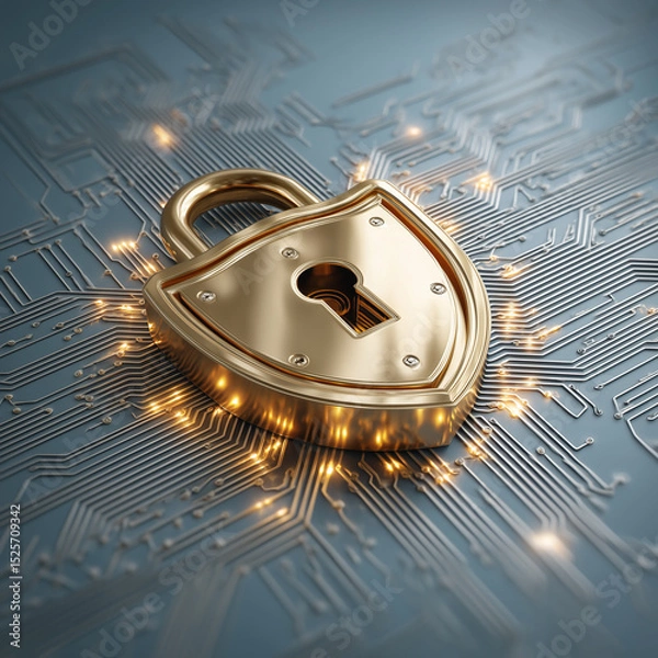 Fototapeta Golden shield padlock glowing with sparks on futuristic digital circuit board
